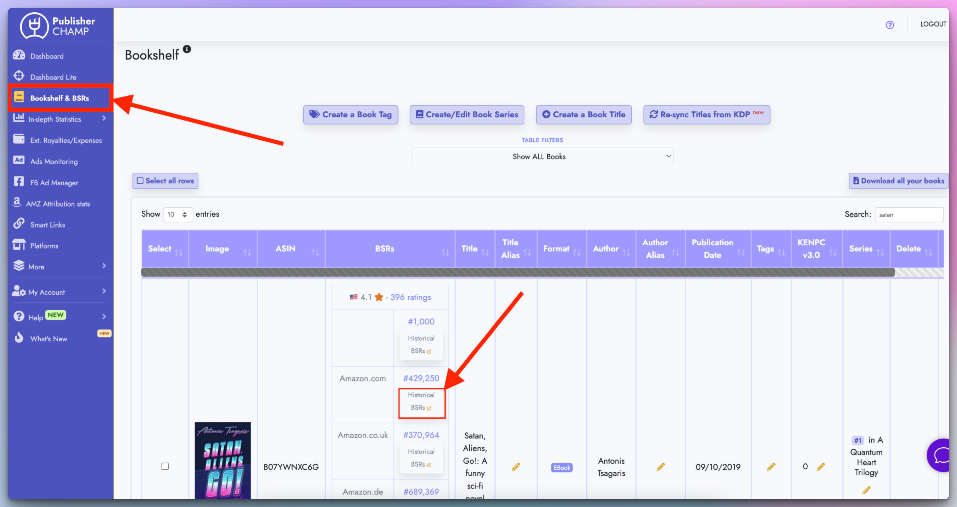 Bookshelf &amp; BSRs page with latest BSRs