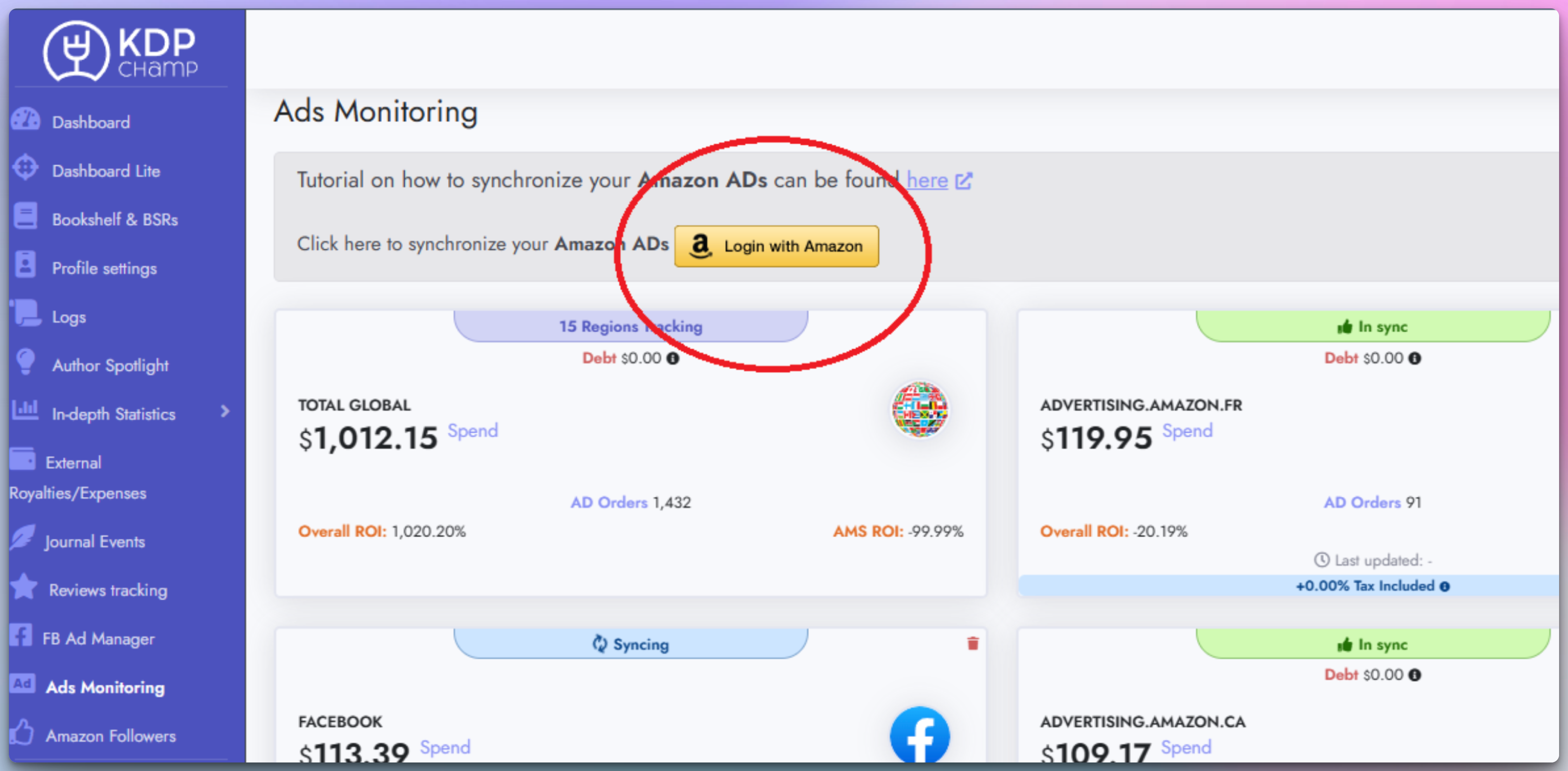 Login with Amazon button on Ads Monitoring page