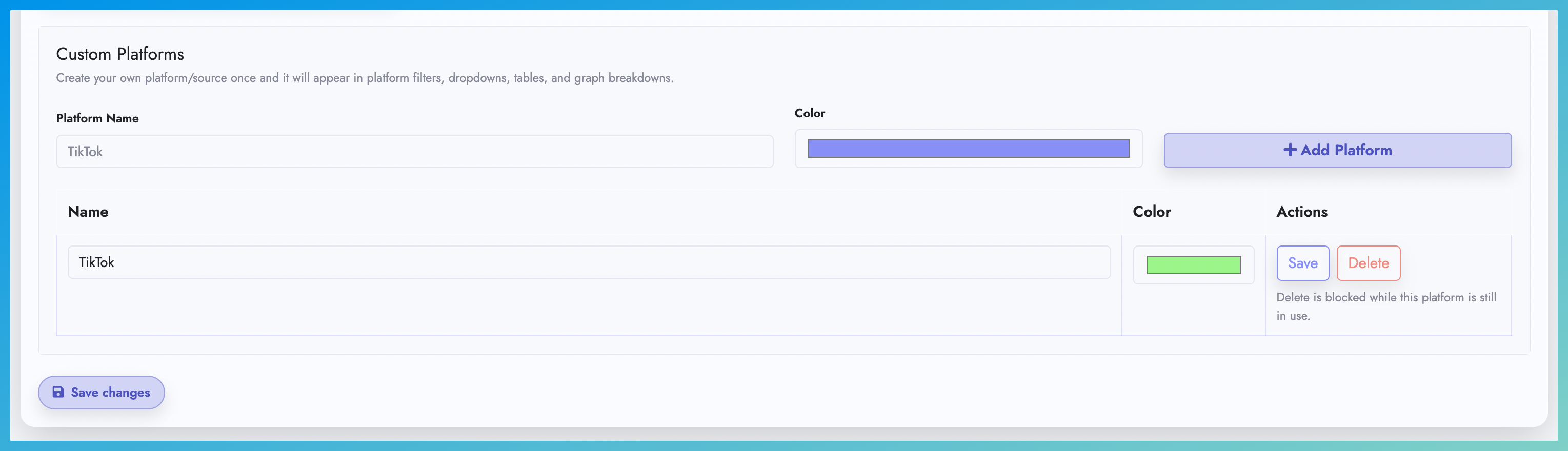Custom Platforms section on the Platforms page