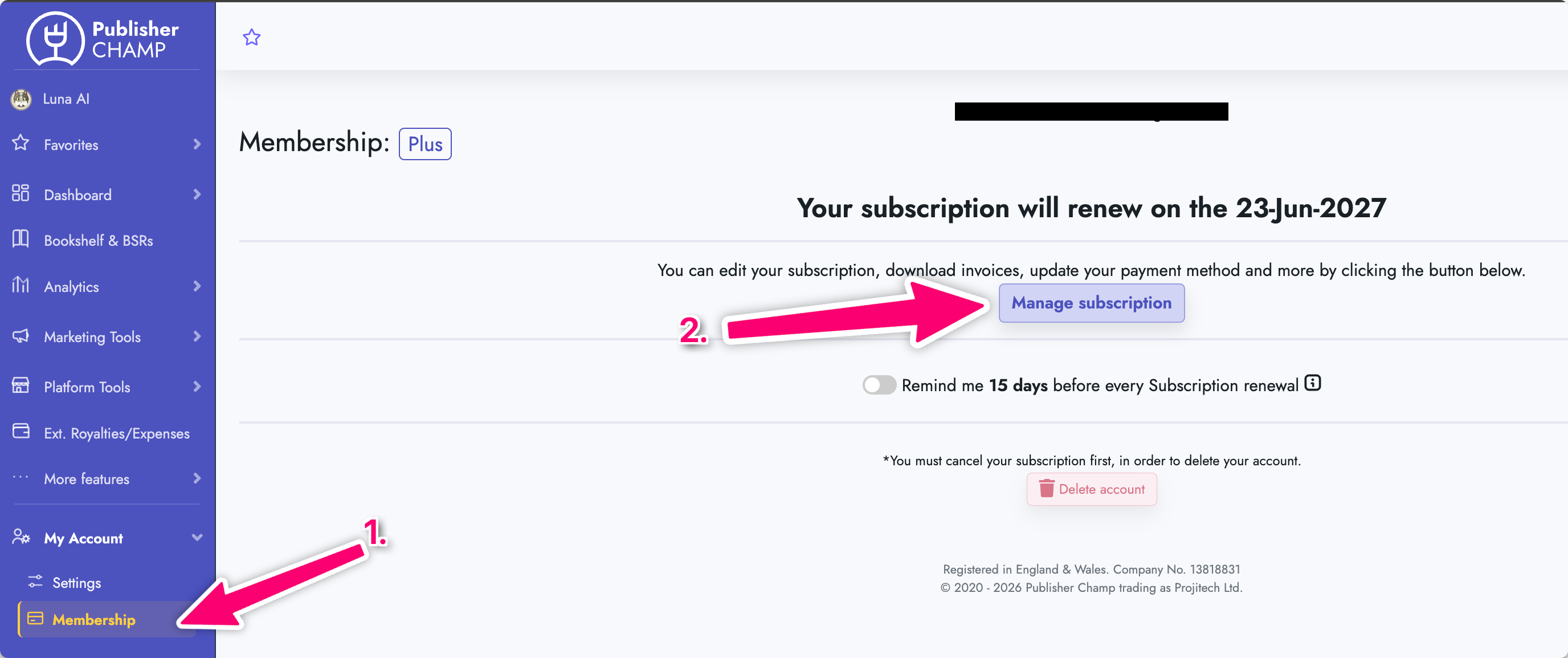 Open Membership and select Manage subscription
