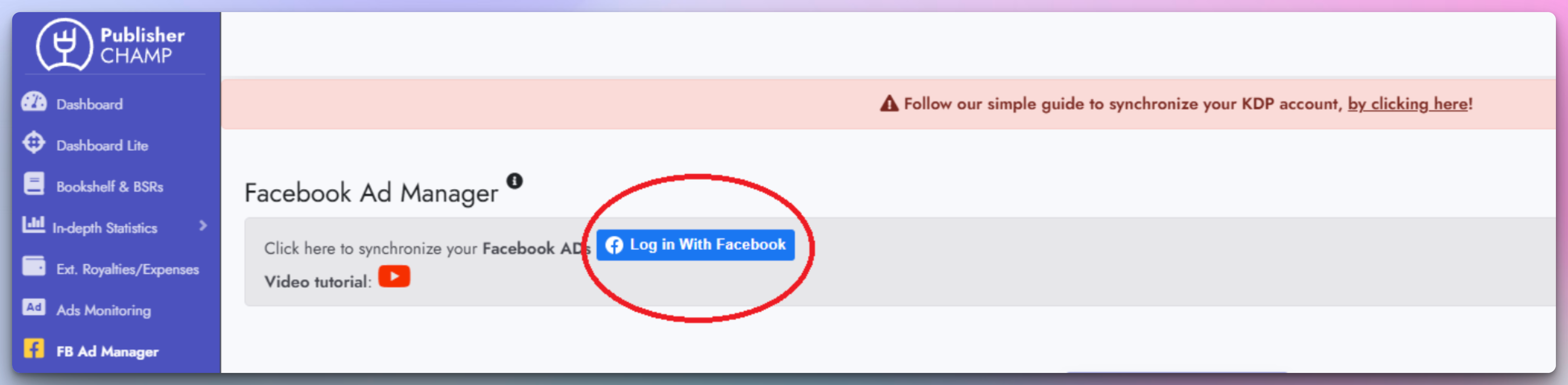 Facebook login button on Ad manager page
