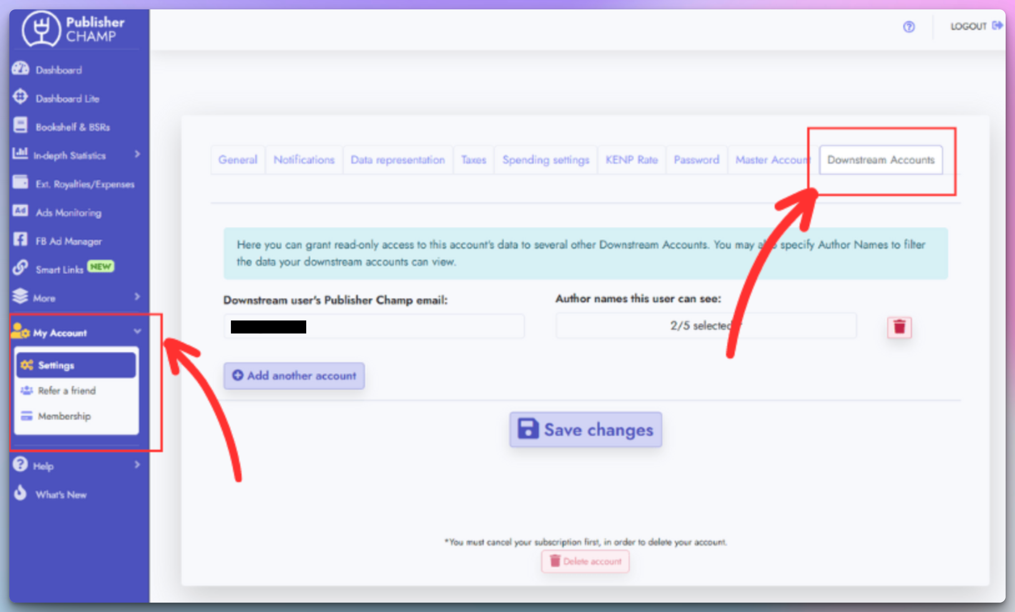 Downstream Accounts tab in Profile Settings