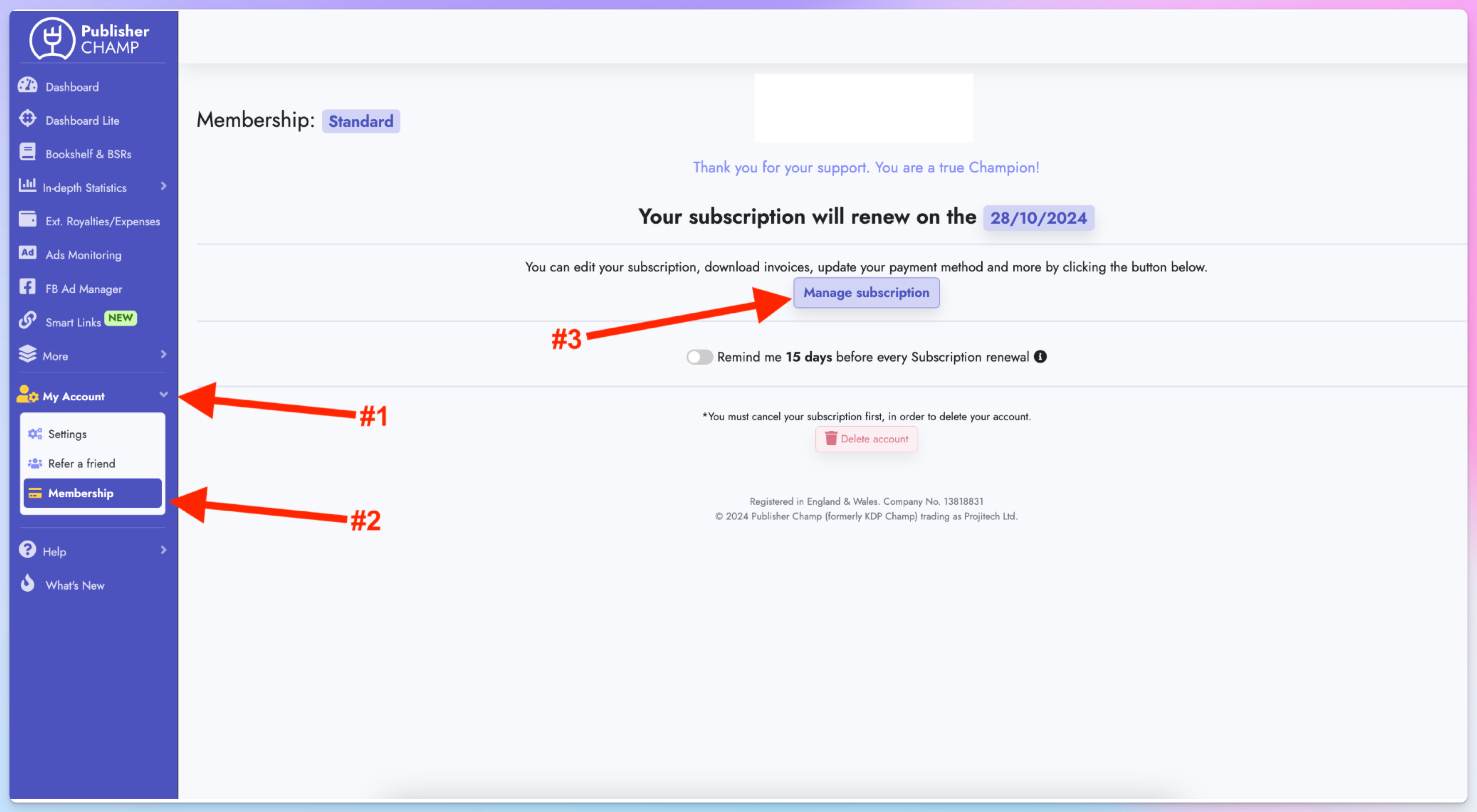 Manage subscription button on Membership page
