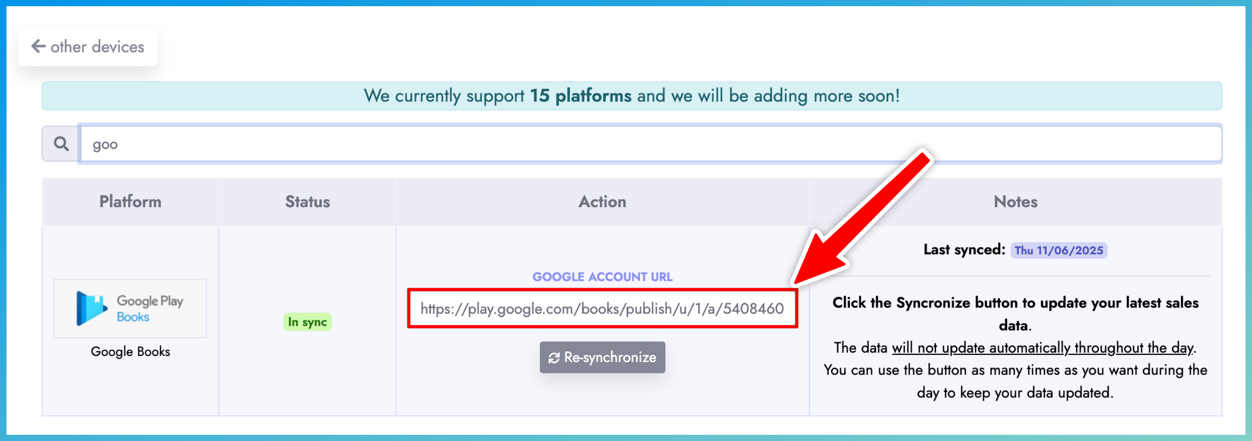 Paste Google Account URL to the correct field