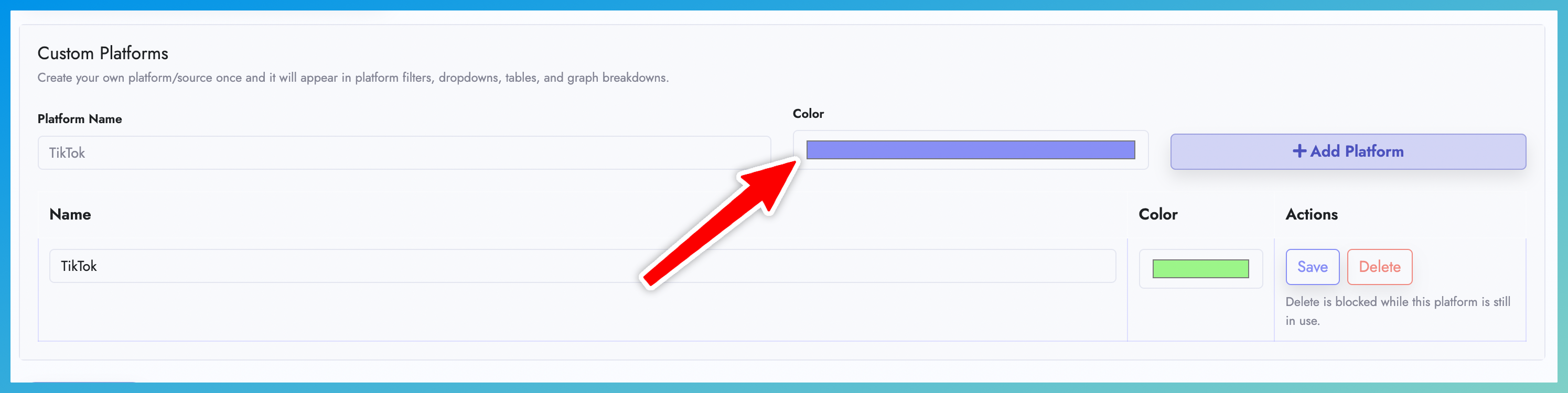 Create a custom platform with name and color