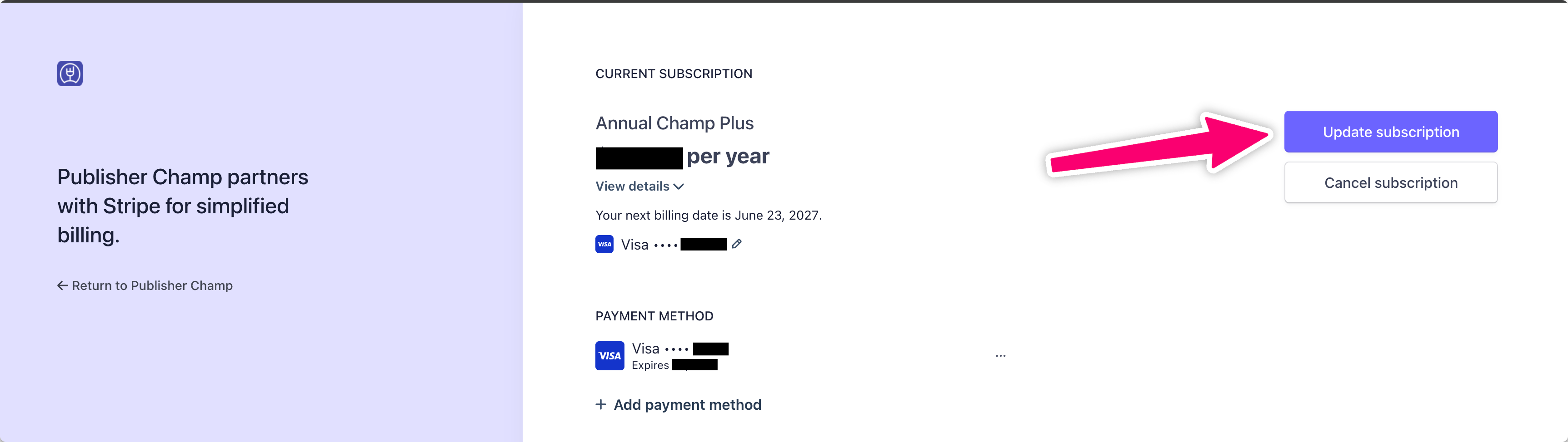 Select Update subscription in the Stripe billing portal