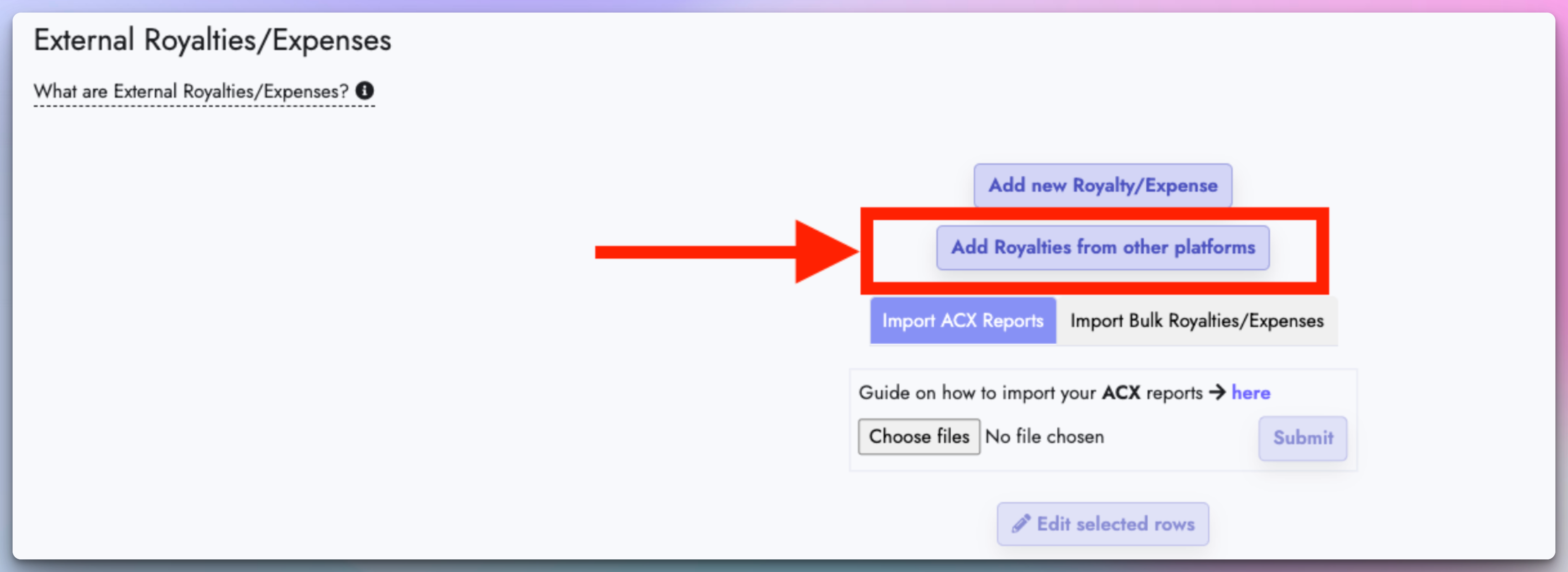 Add Royalties from other platforms button