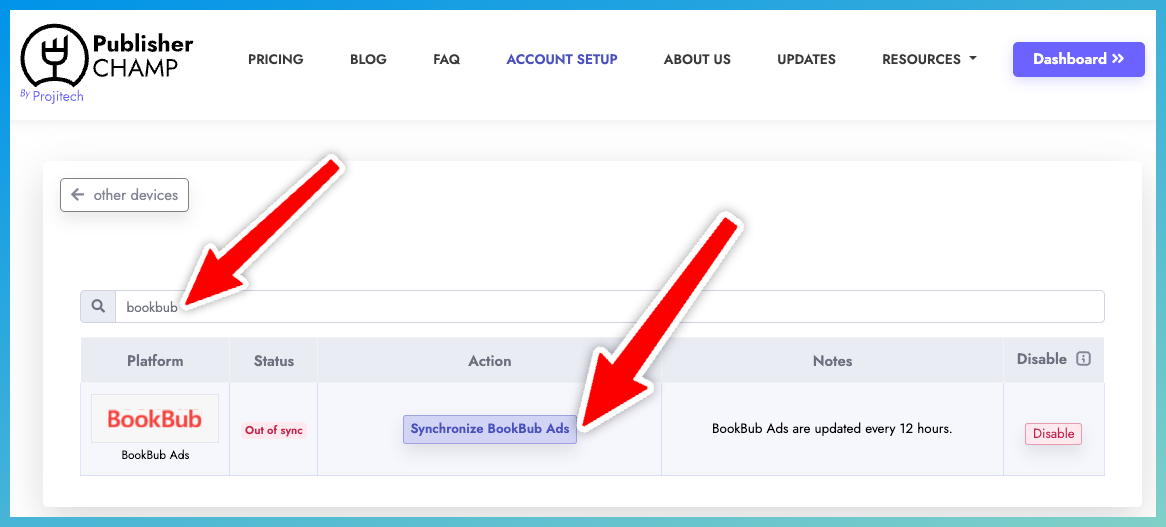 Click the BookBub Ads synchronize button