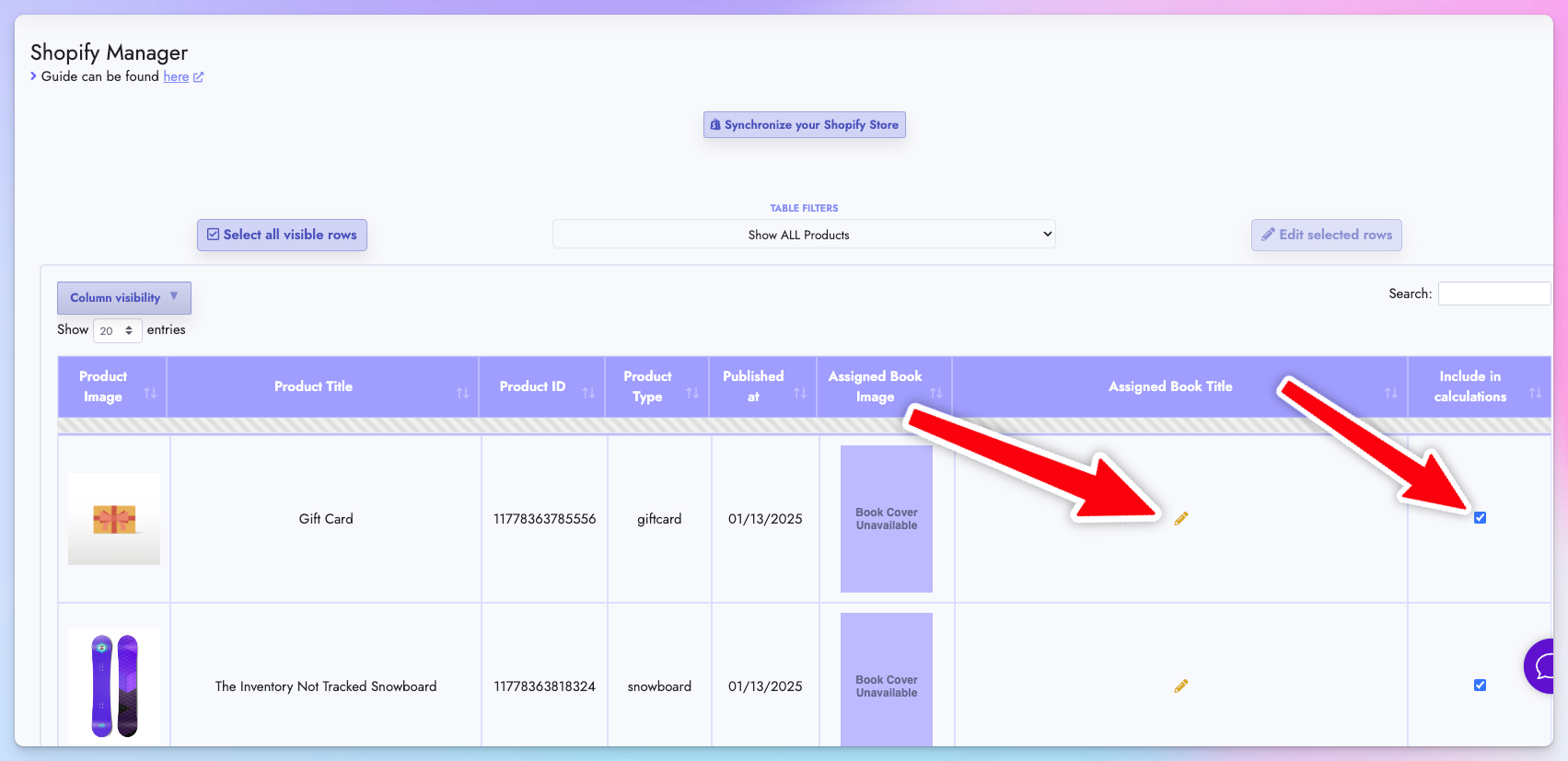Shopify Products listed on table