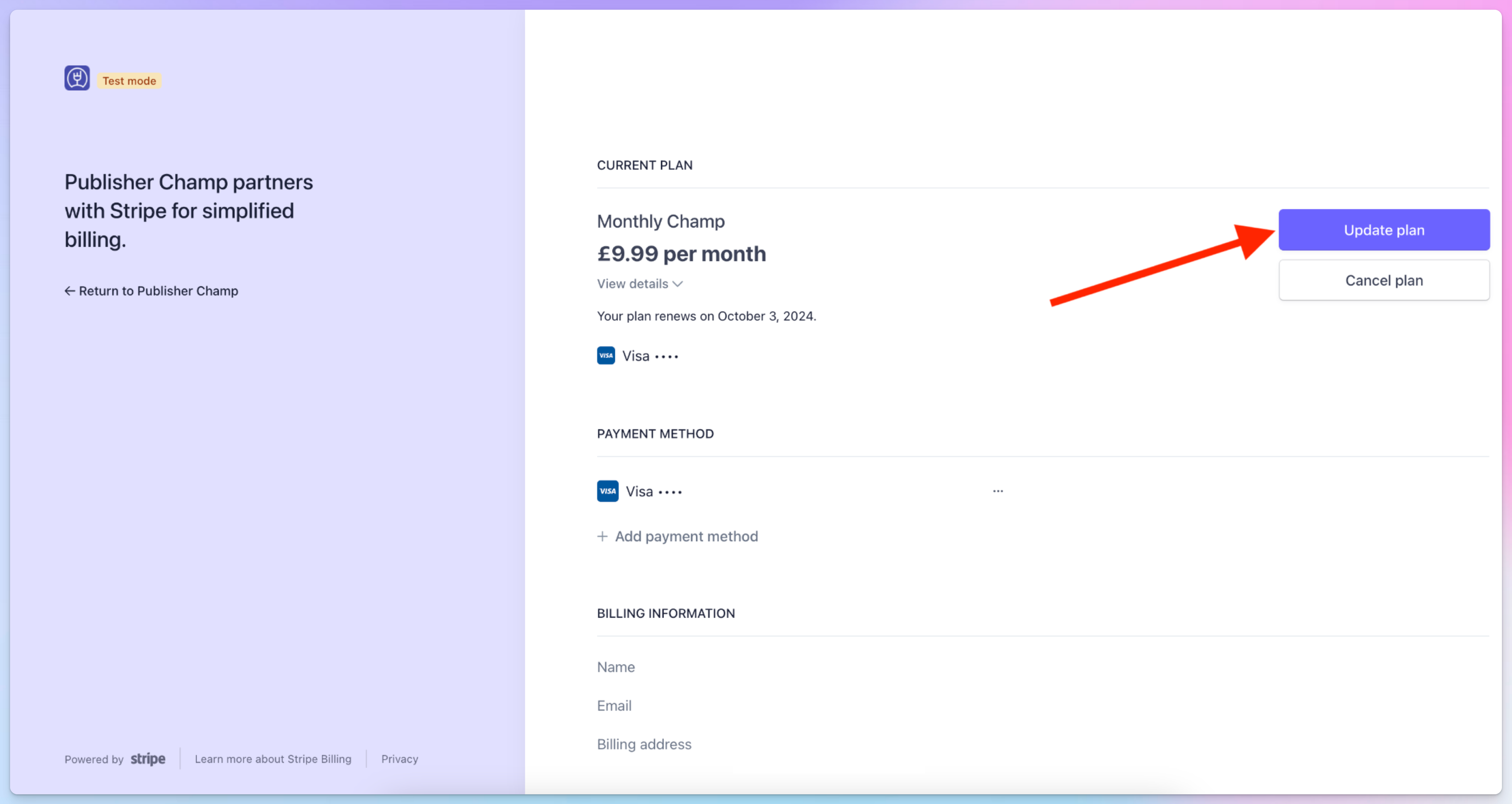 Update plan button