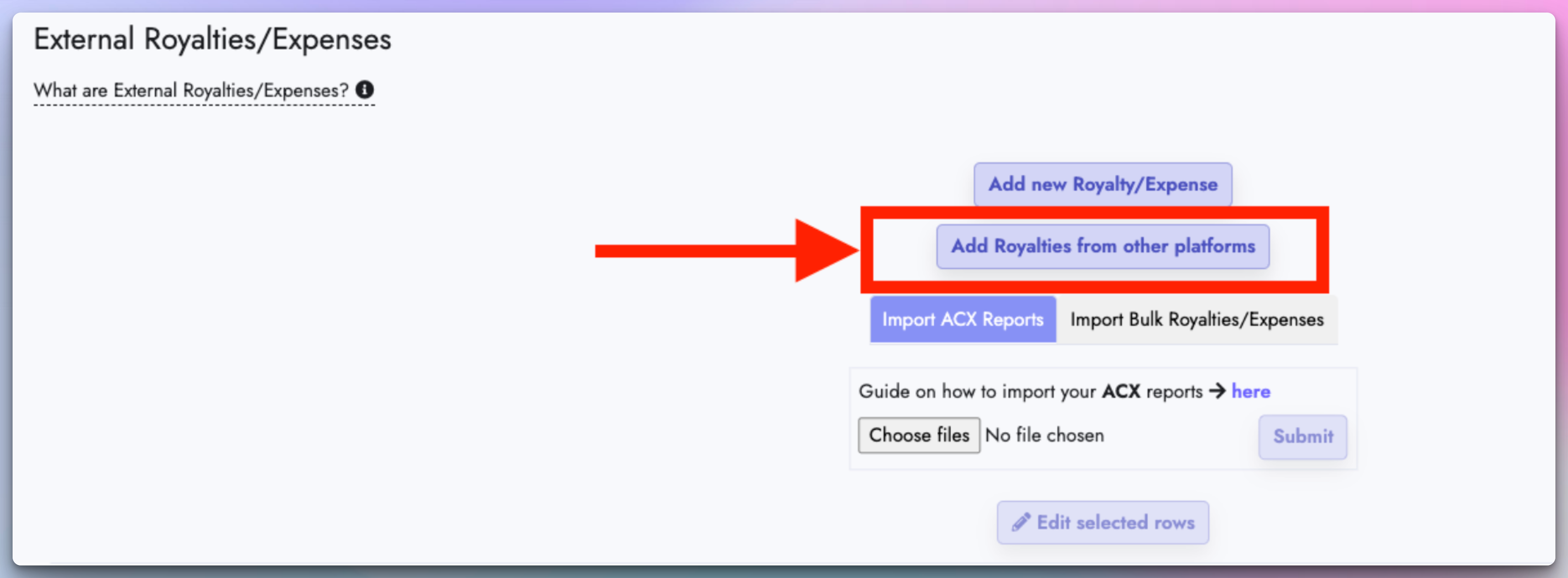 Add Royalties from other platforms button