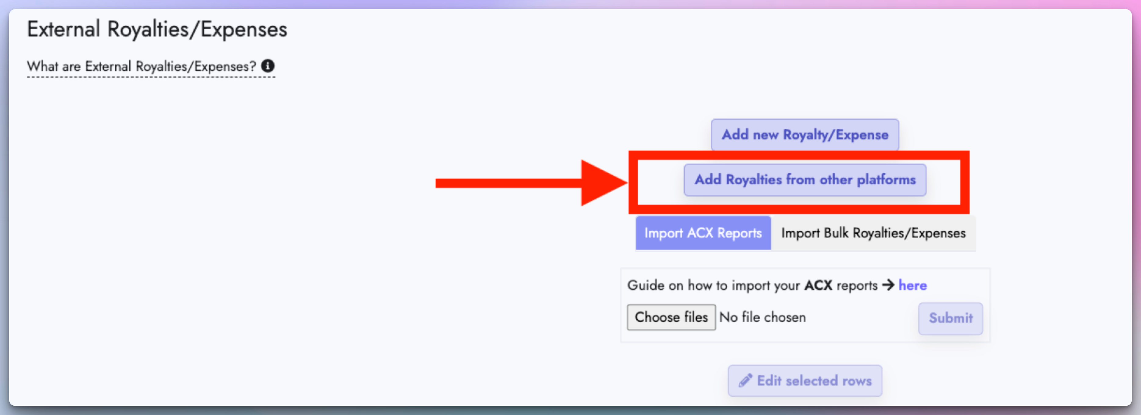Add Royalties from other platforms button