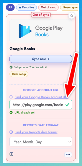 Paste Google Account URL to the correct field