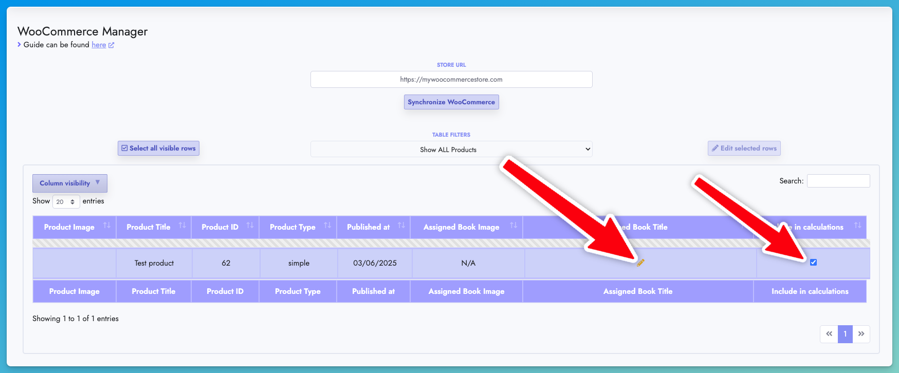 WooCommerce Products listed on table