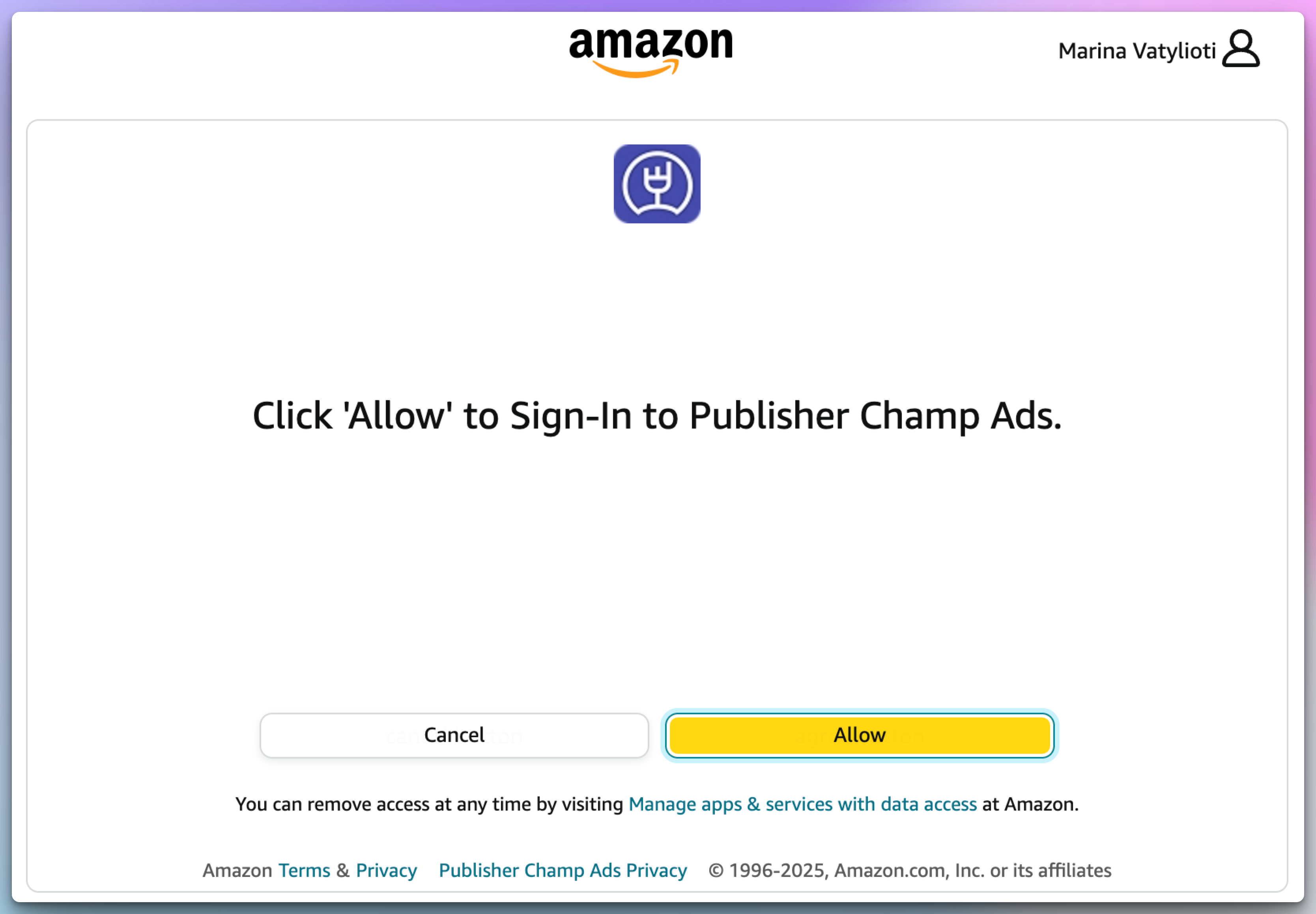 Authorization screen for Amazon Ads