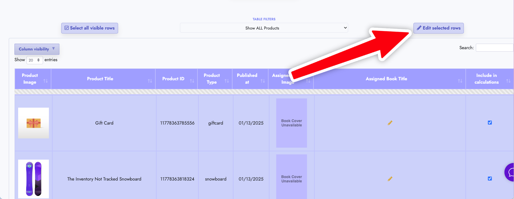 Edit selected rows button for WooCommerce