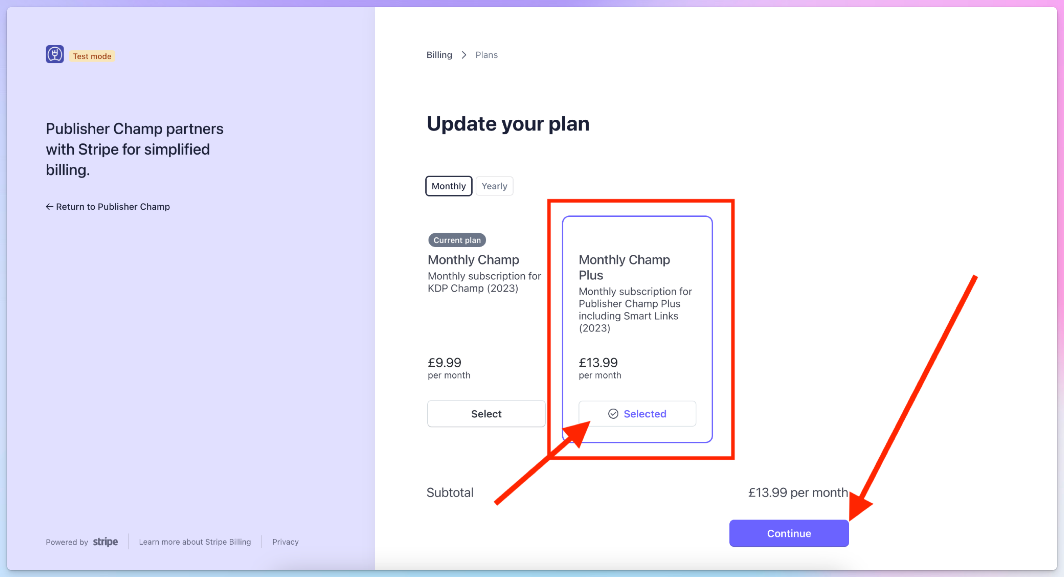 Champ Plus subscription selection