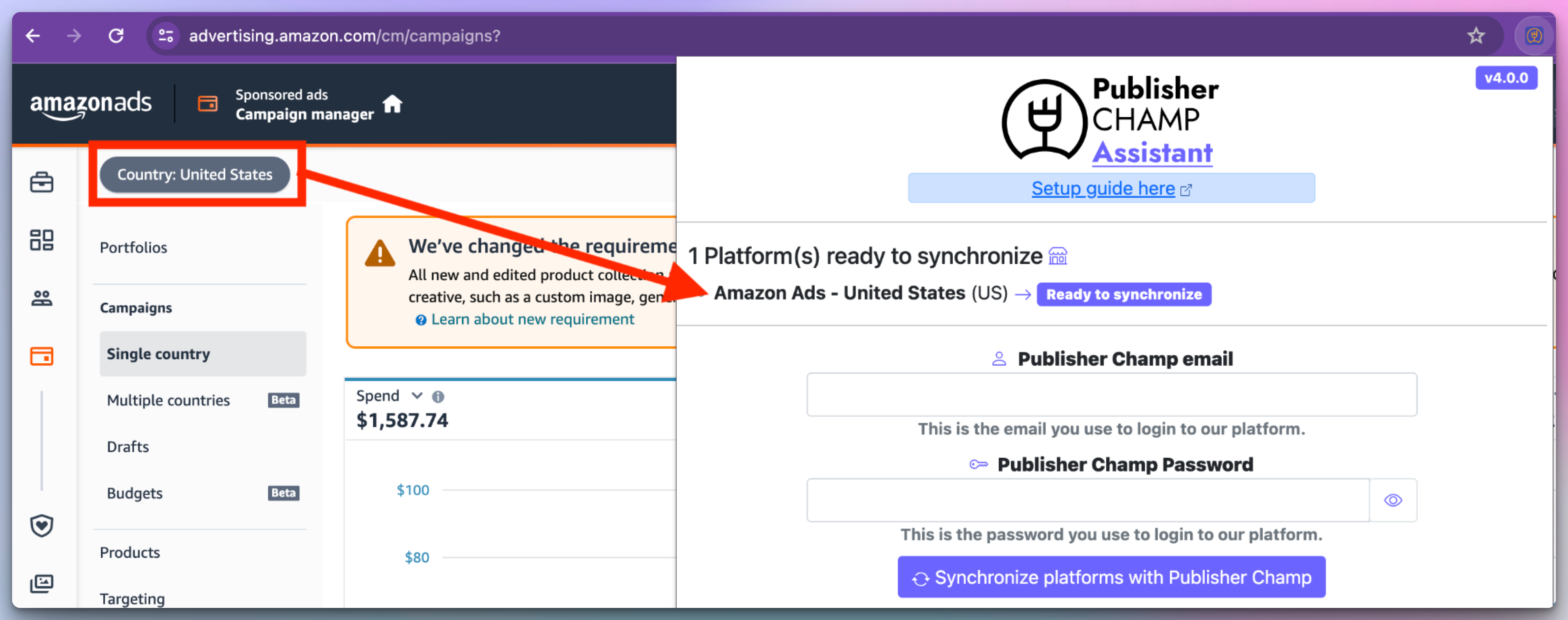 Country selection in Publisher Champ extension