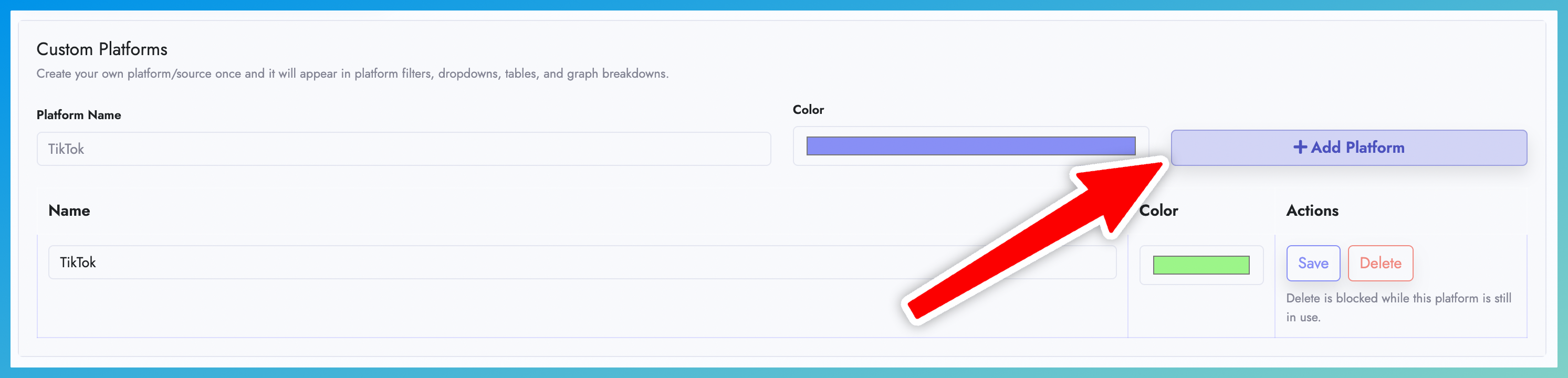 TikTok created in Custom Platforms section