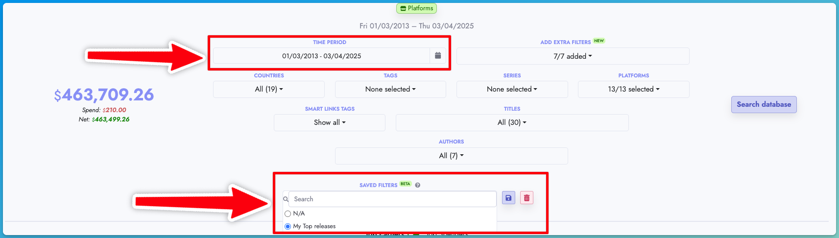 Saved filter selection