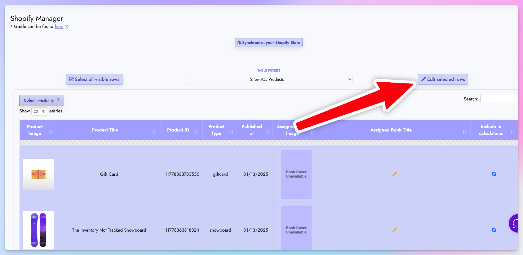 Edit selected rows button for Shopify