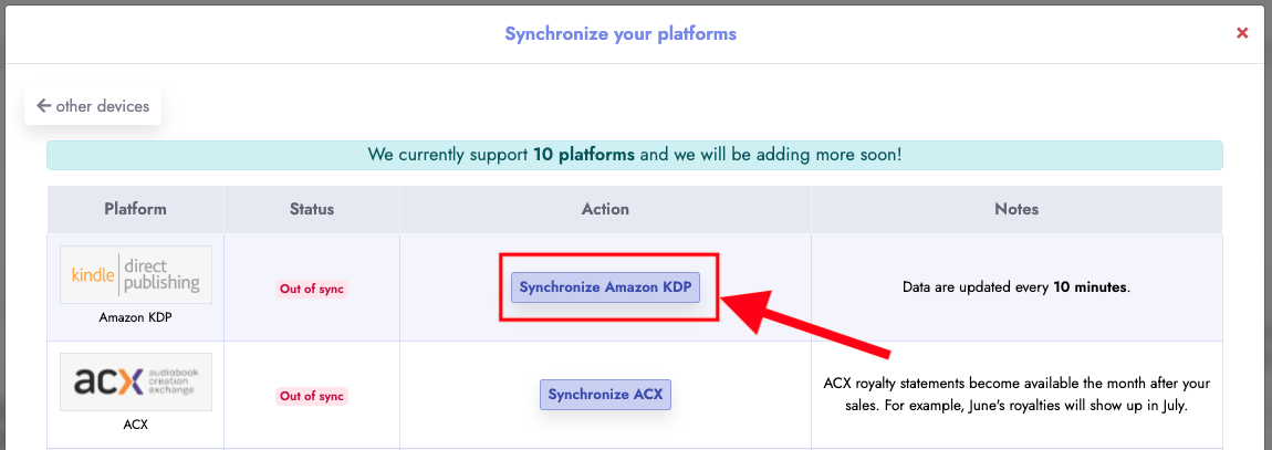 Synchronize Amazon KDP button
