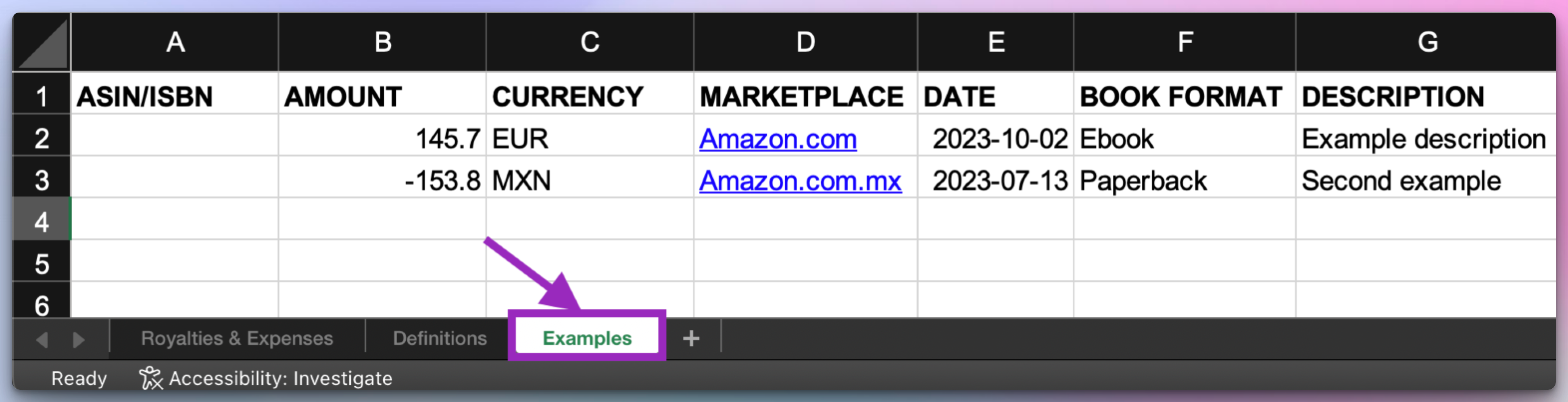 Examples sheet for bulk import