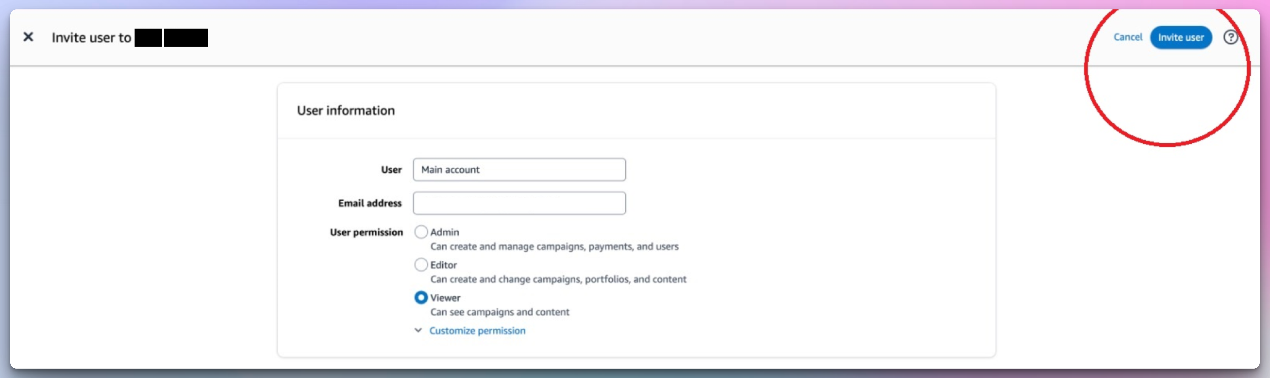 Invite User form for main account