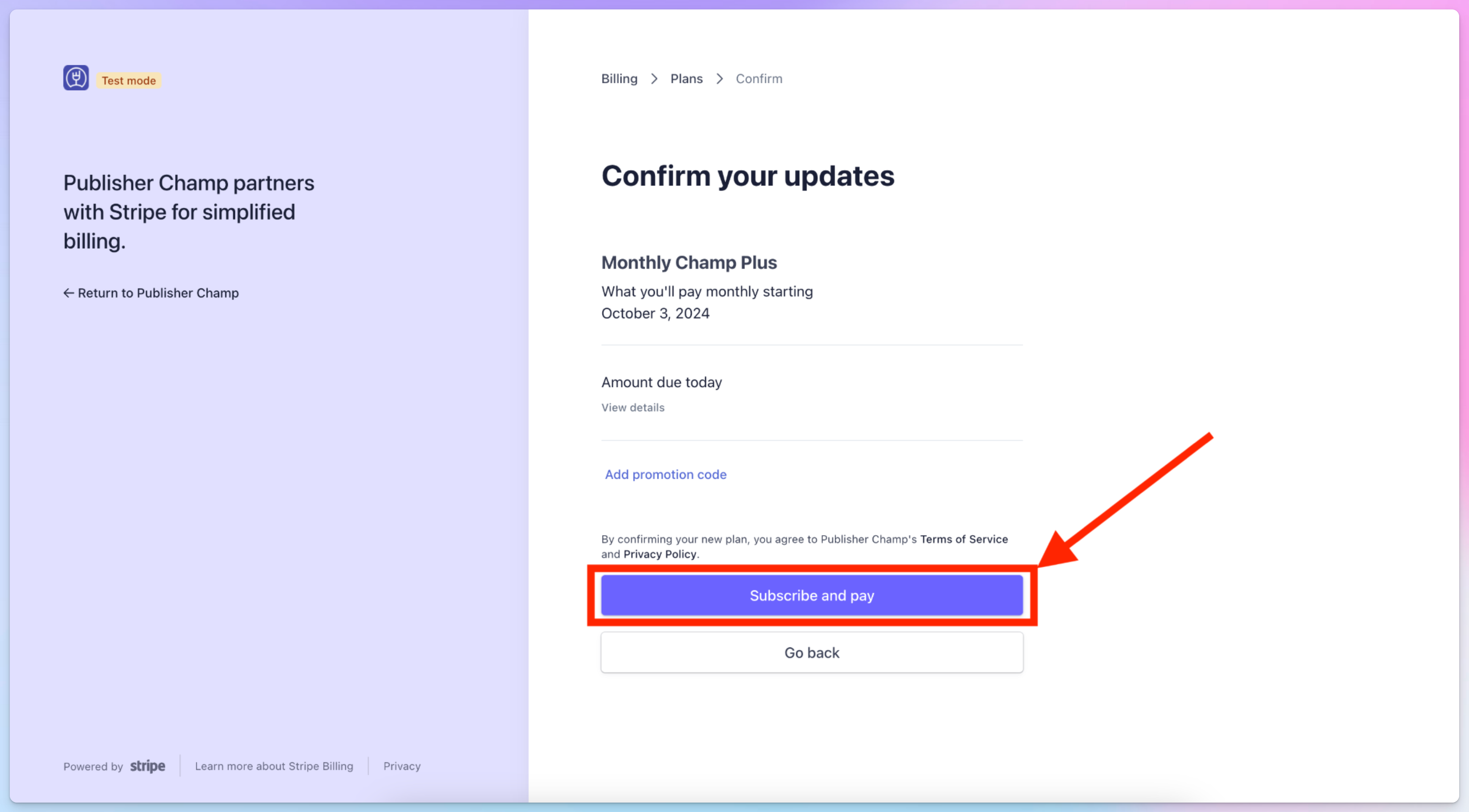 Subscription payment page