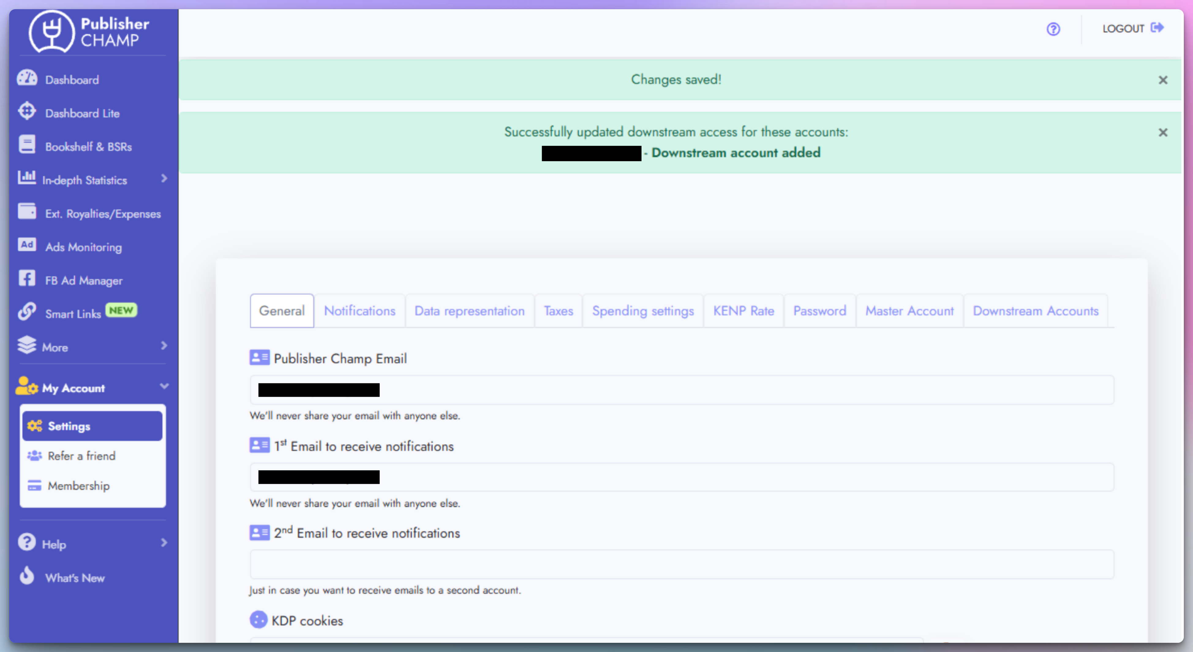 Downstream account access success message