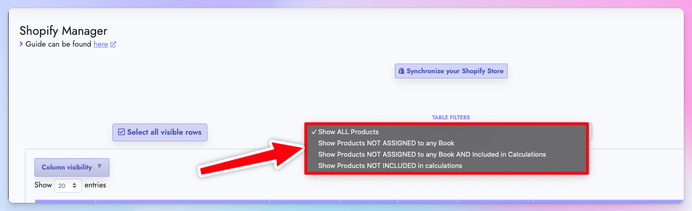 Filter options for Shopify Manager
