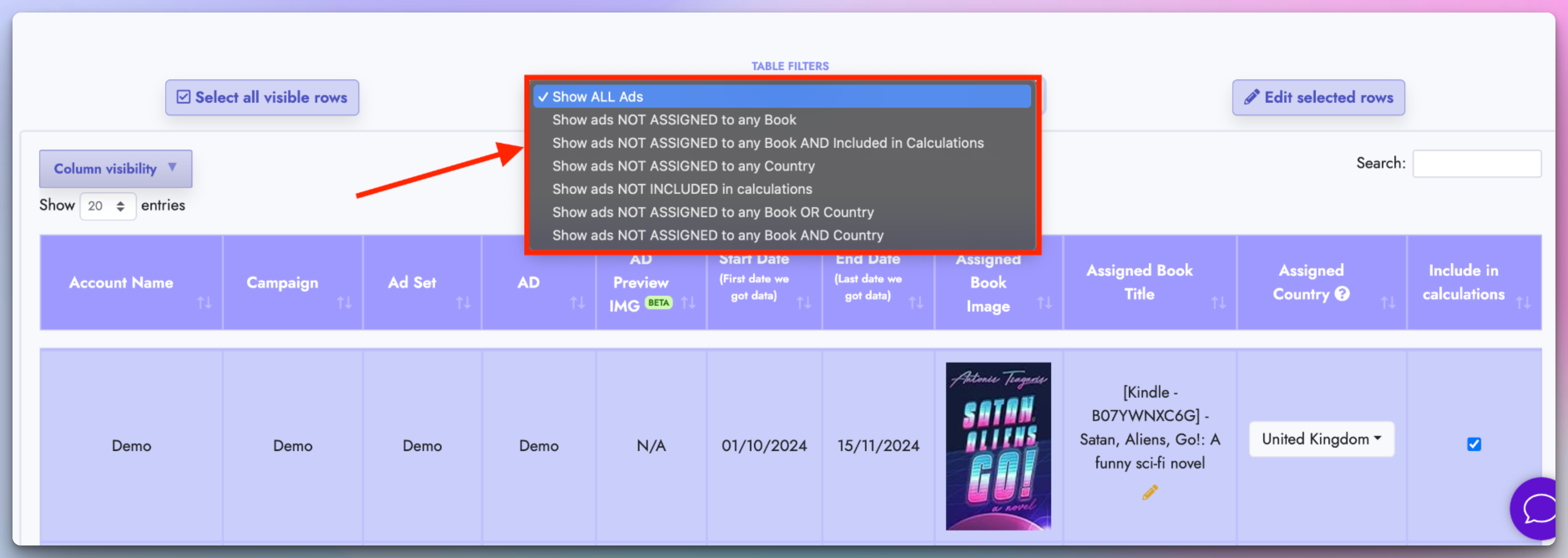 Filter options for FB Ad Manager