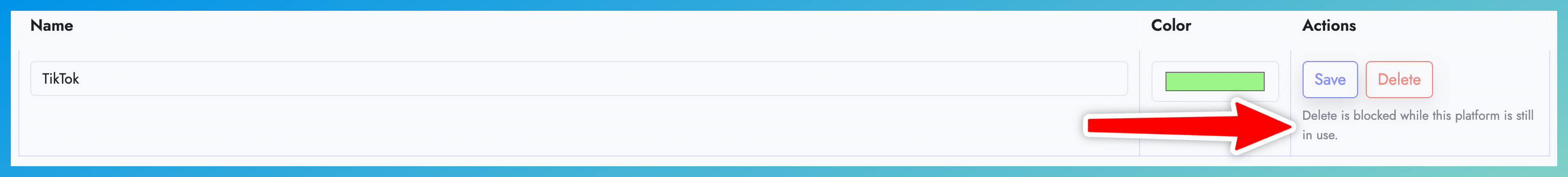 Delete blocked because the platform is still in use