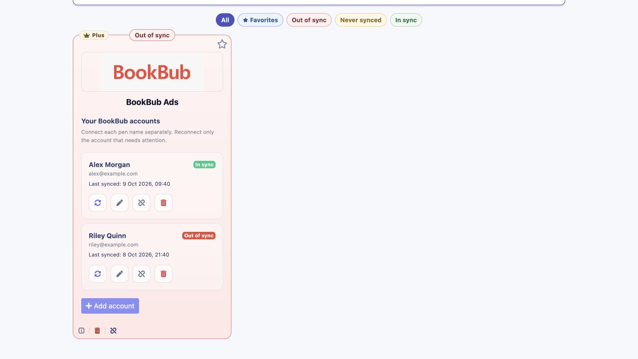 Two BookBub connections showing separate sync statuses and an Add account button