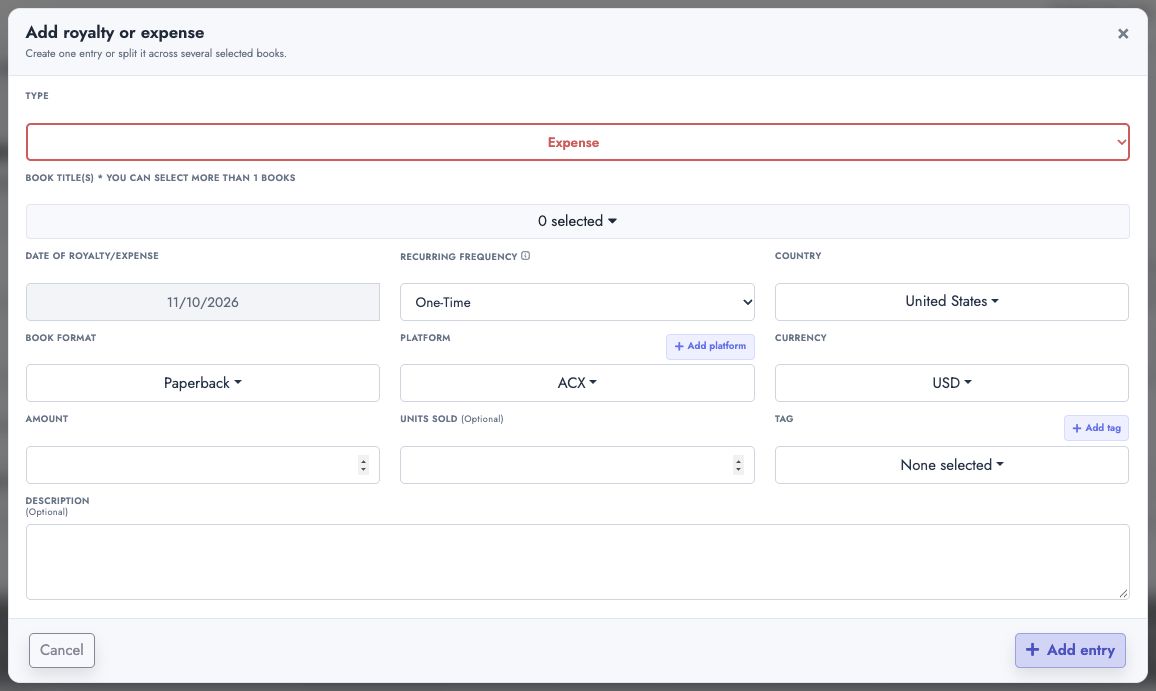 Select a book format while adding an external royalty or expense