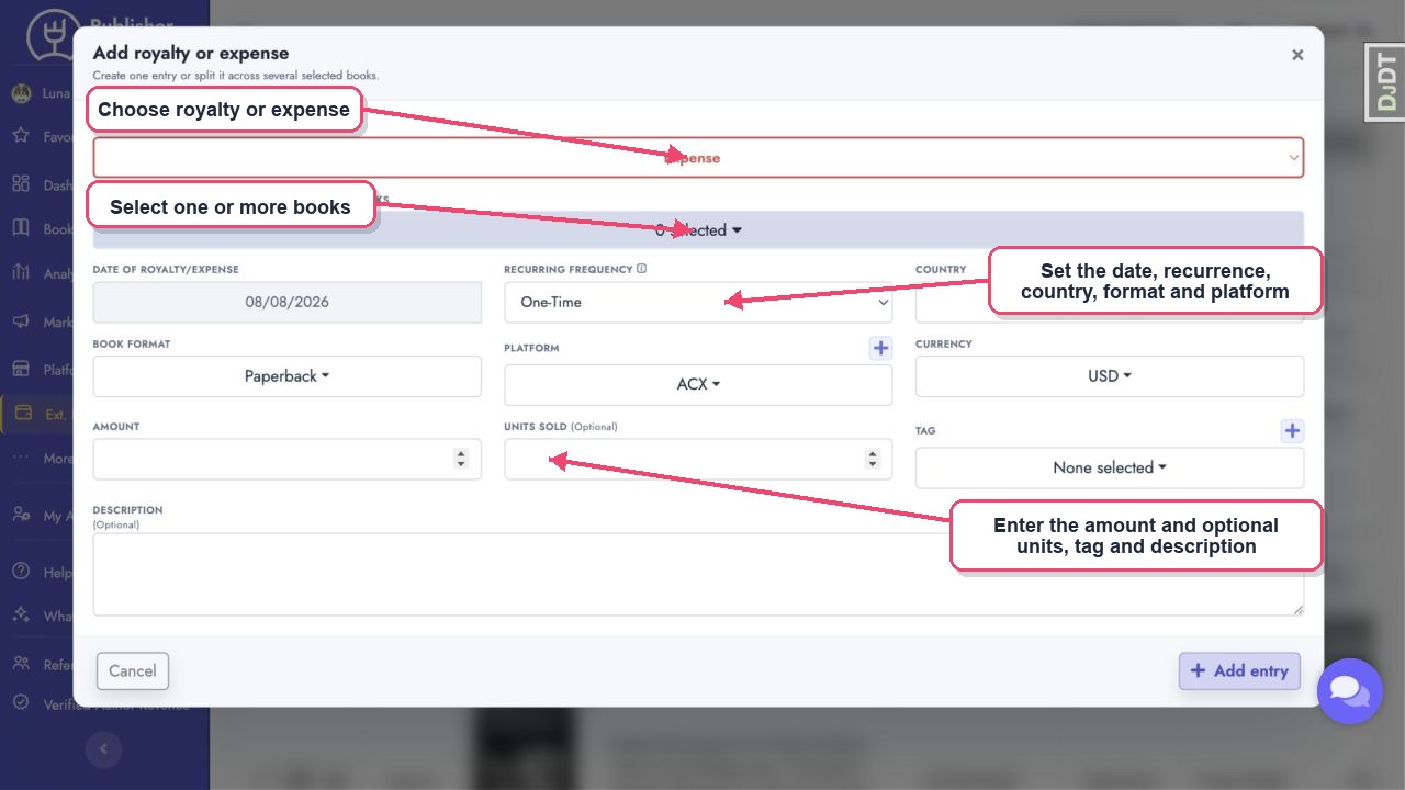 Fields used to add an external royalty or expense
