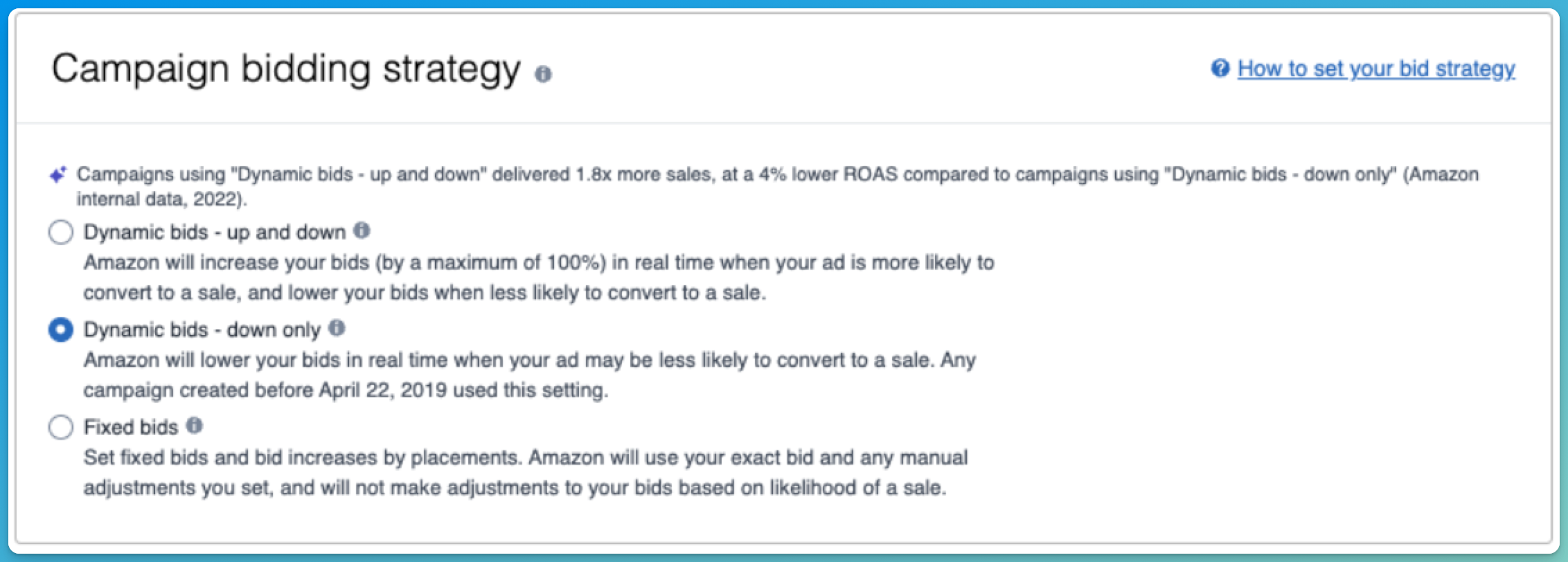 Amazon Ads campaign settings showing bid adjustment options