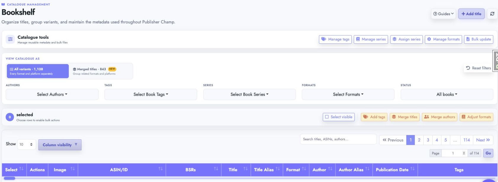 Current Bookshelf catalogue controls