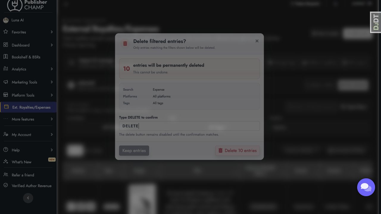 Review the filters and entry count before permanently deleting external records