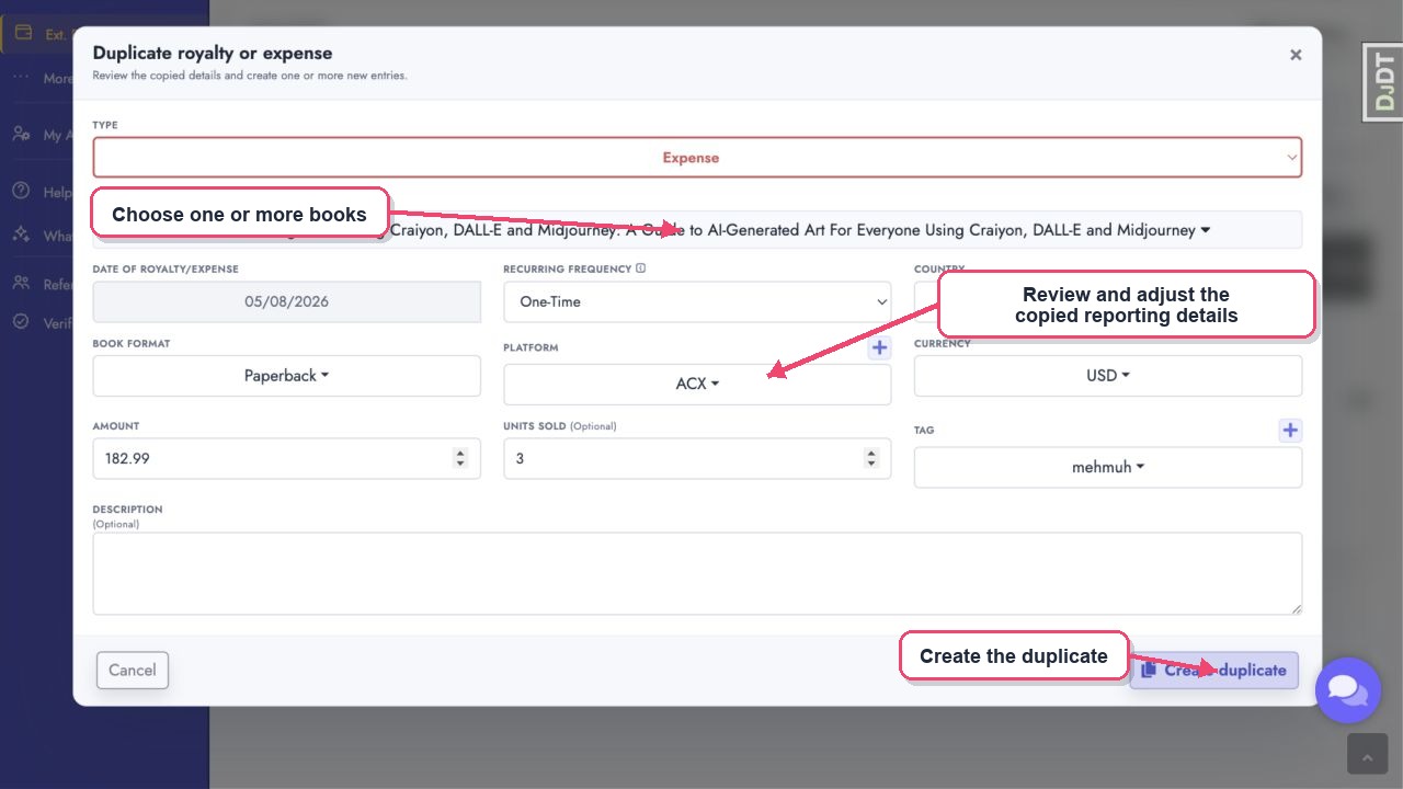 Review and create a duplicate external royalty or expense