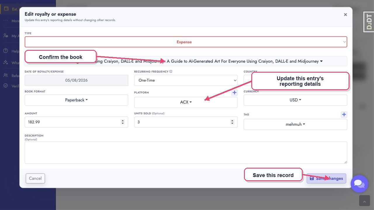 Update one external royalty or expense