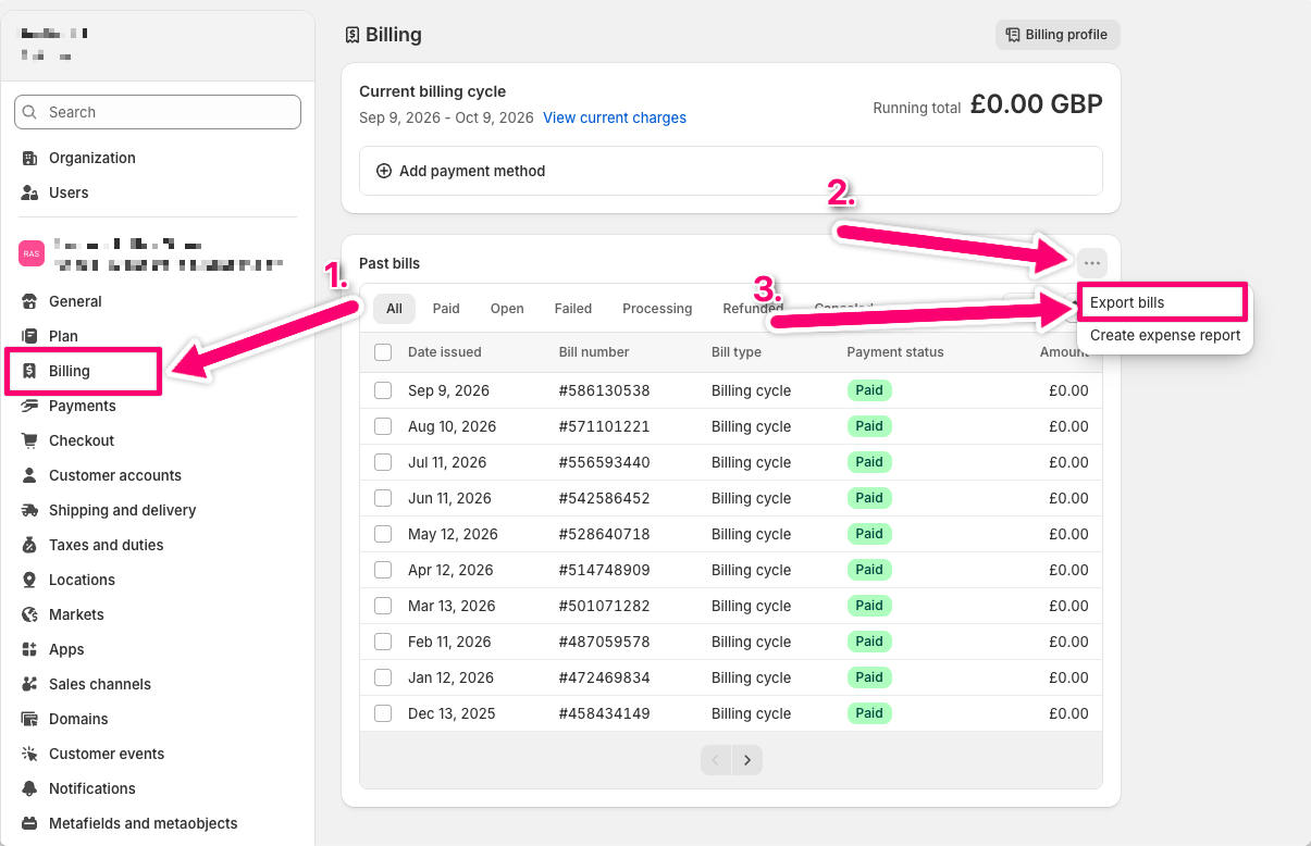Select Billing, open the Past bills menu, and select Export bills