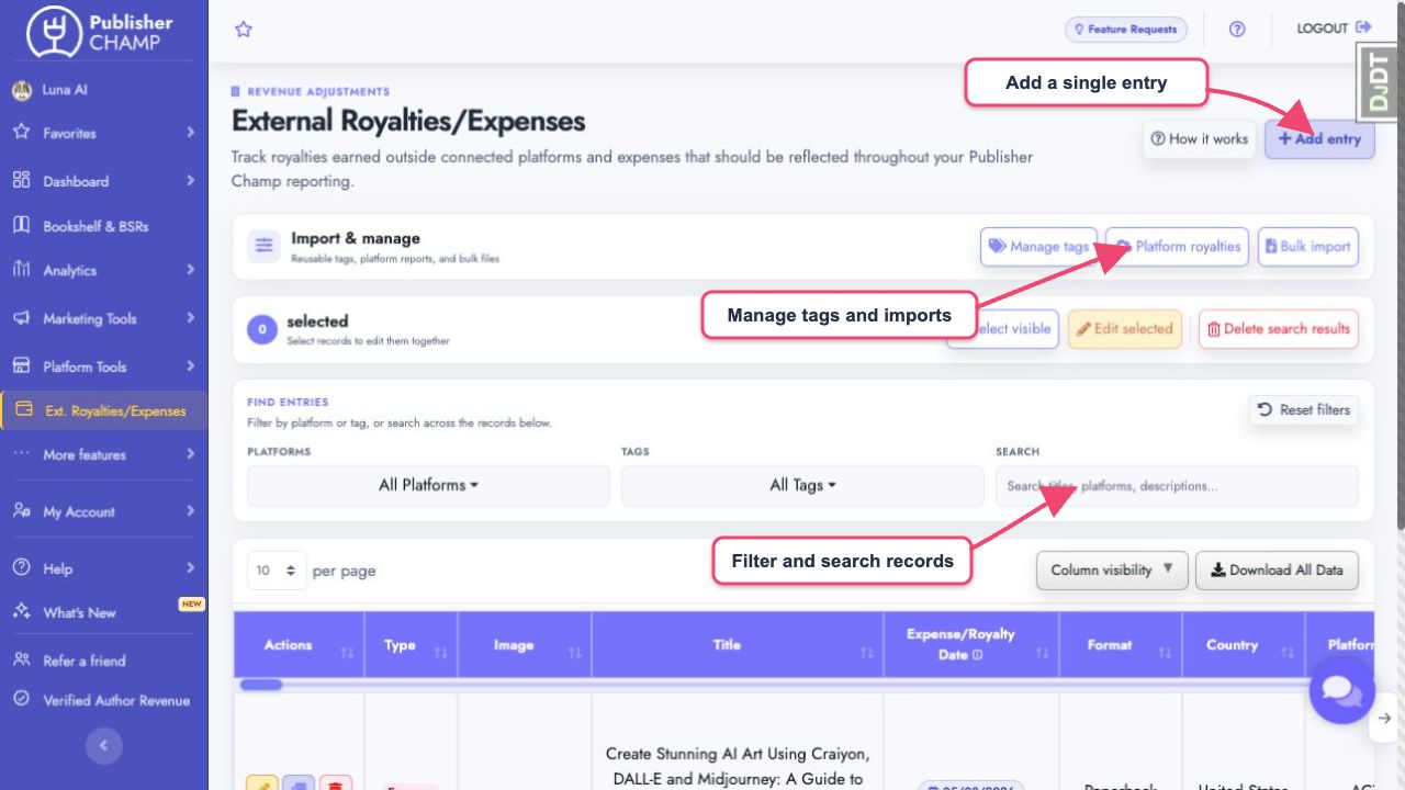 Overview of the External Royalties and Expenses page