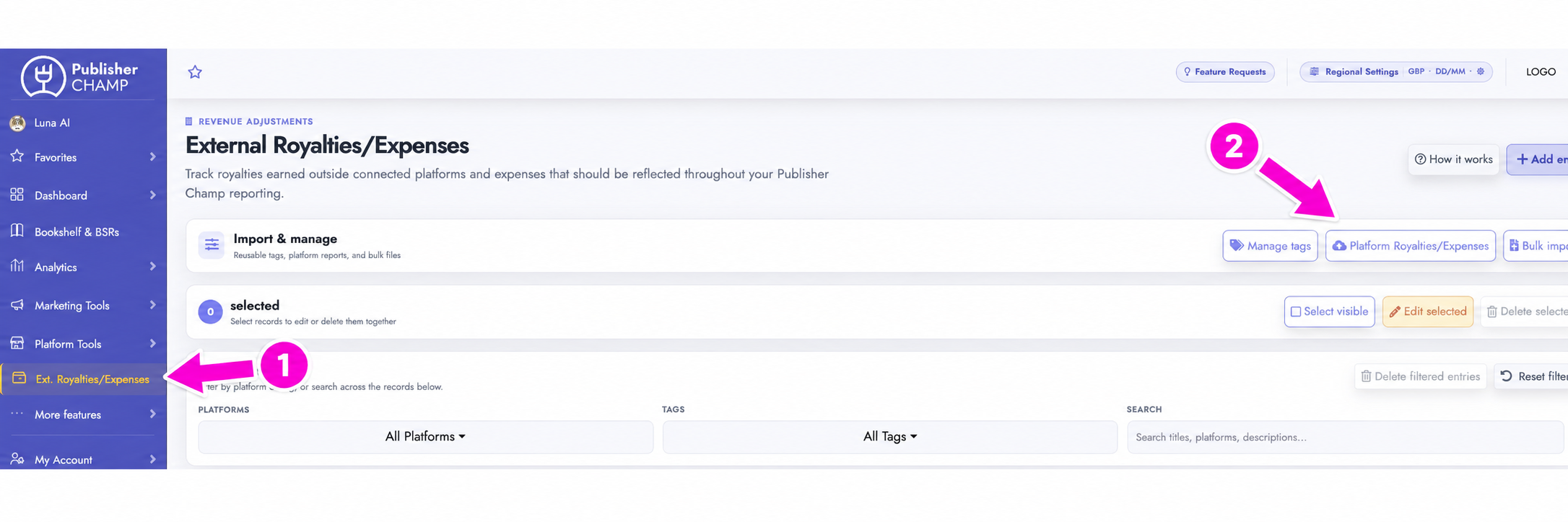 Steps 1 and 2: open Ext. Royalties/Expenses in the sidebar, then select Platform Royalties/Expenses