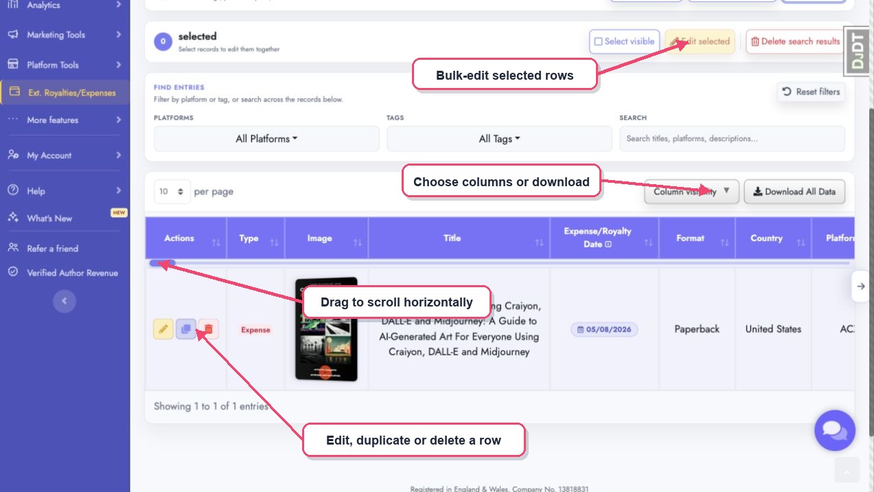 Table actions, bulk editing, column controls, and horizontal navigation