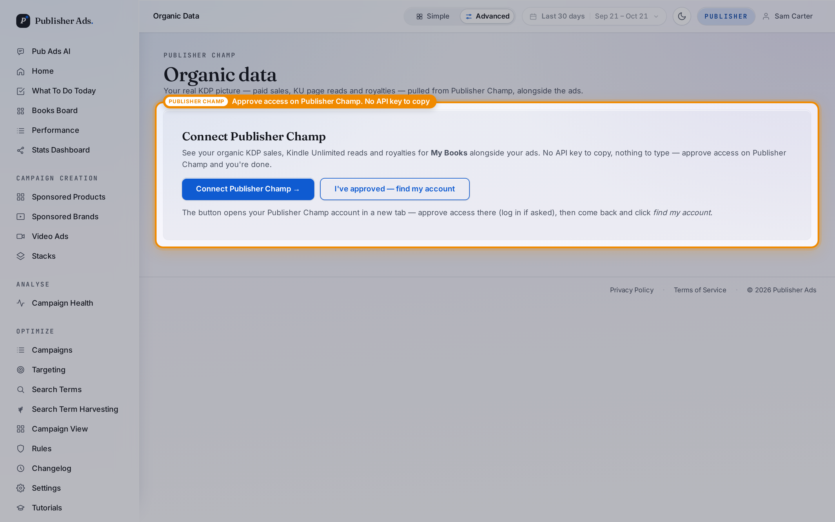 Publisher Ads connection screen highlighting Connect Publisher Champ and the find my account button