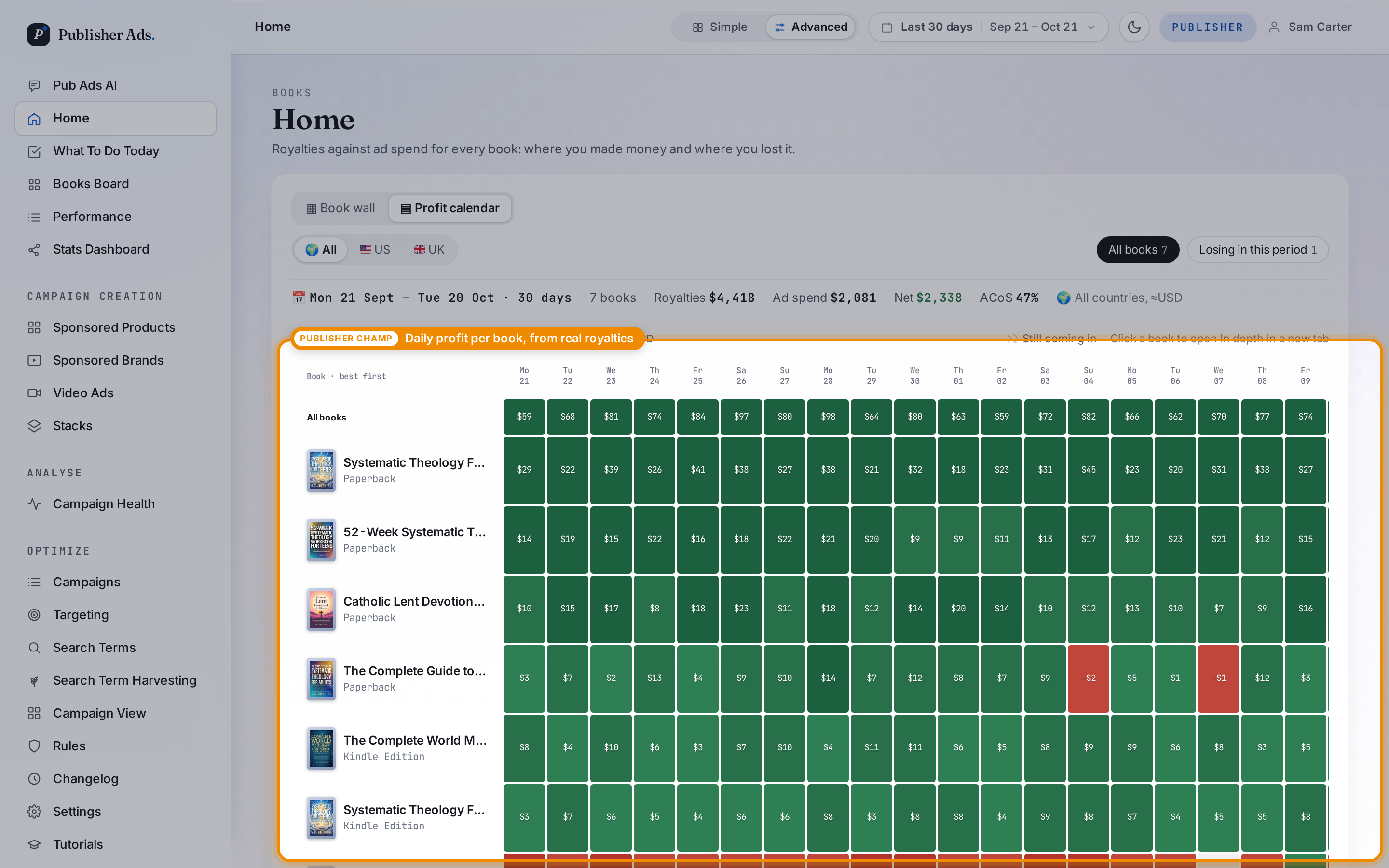 Profit calendar displaying daily profit by book, with loss-making days in red